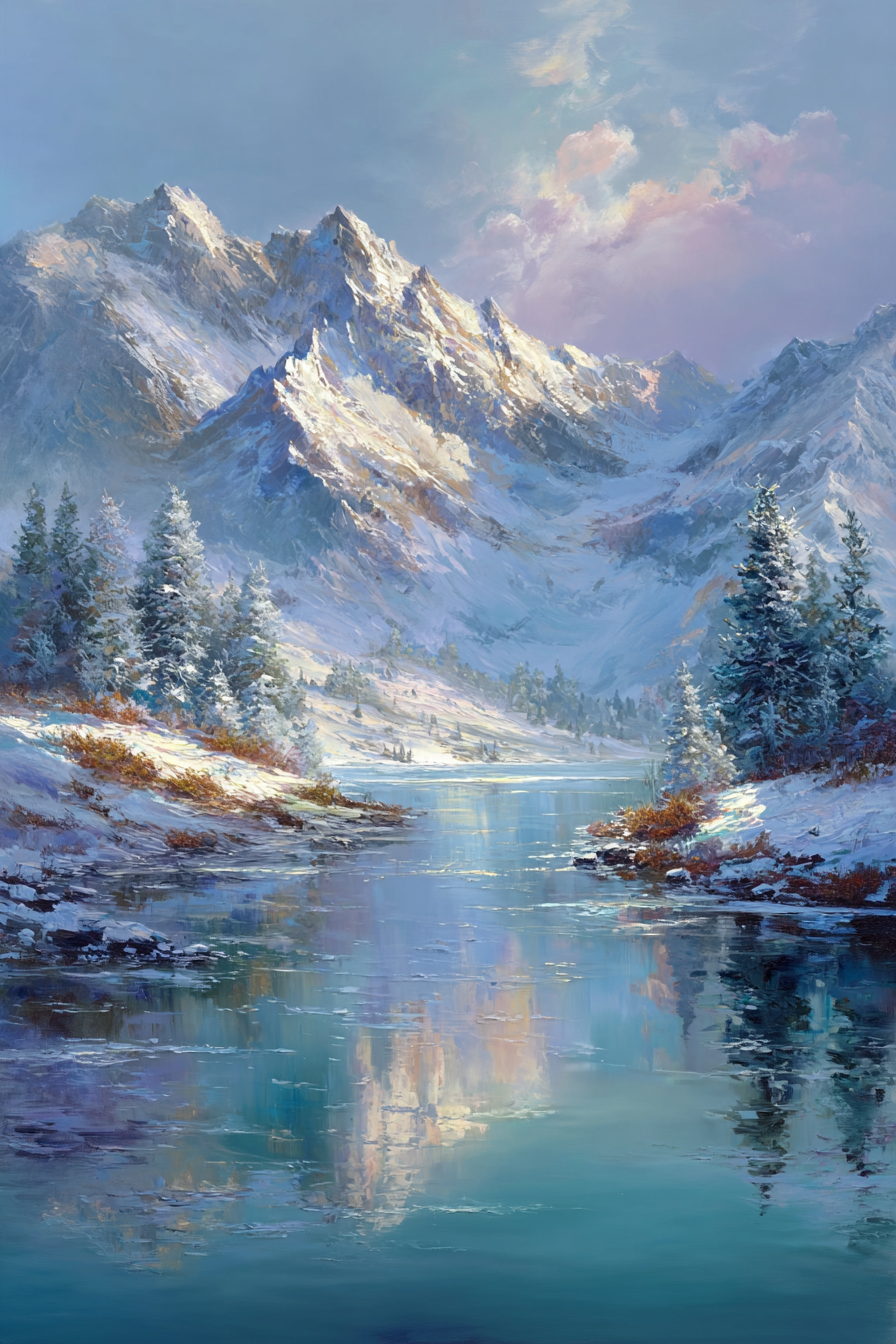 Friedliche Szene Mit Bergen Und Fluss | Winter | Jahreszeiten