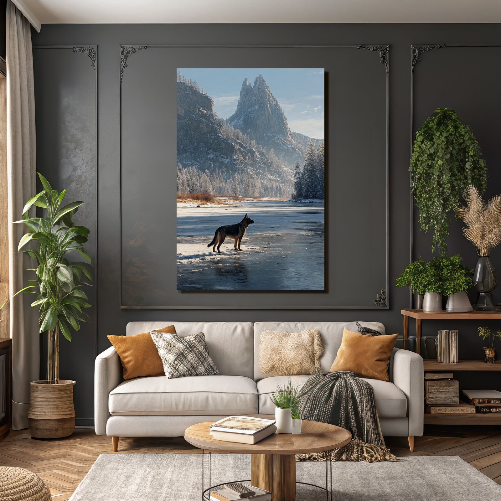 Landschaft Hund Am Fluss Mit Schneebedeckten Bäumen