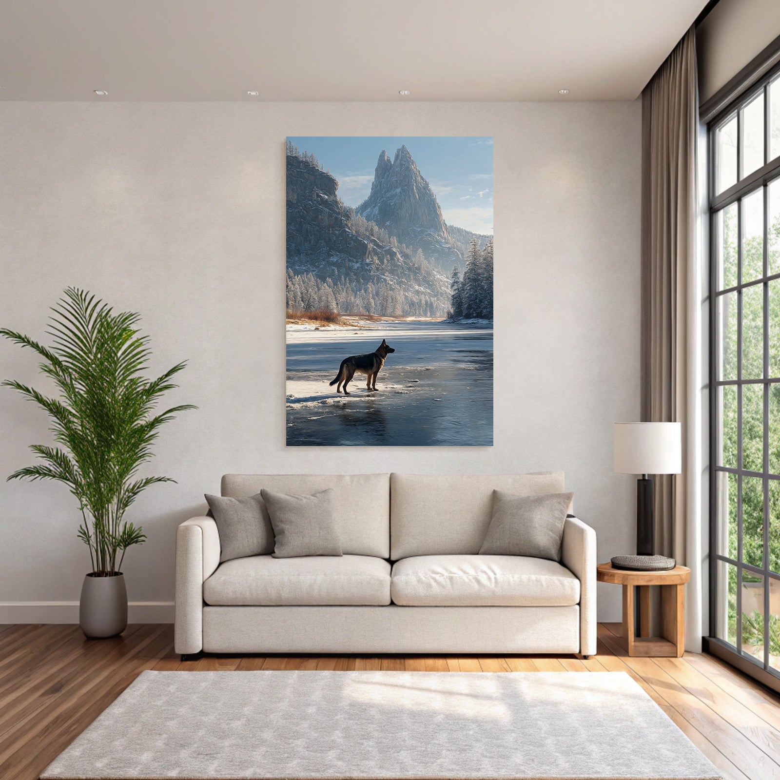 Landschaft Hund Am Fluss Mit Schneebedeckten Bäumen