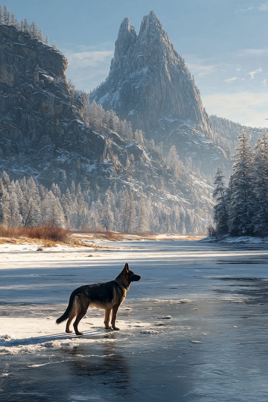 Landschaft Hund Am Fluss Mit Schneebedeckten Bäumen | Winter | Jahreszeiten