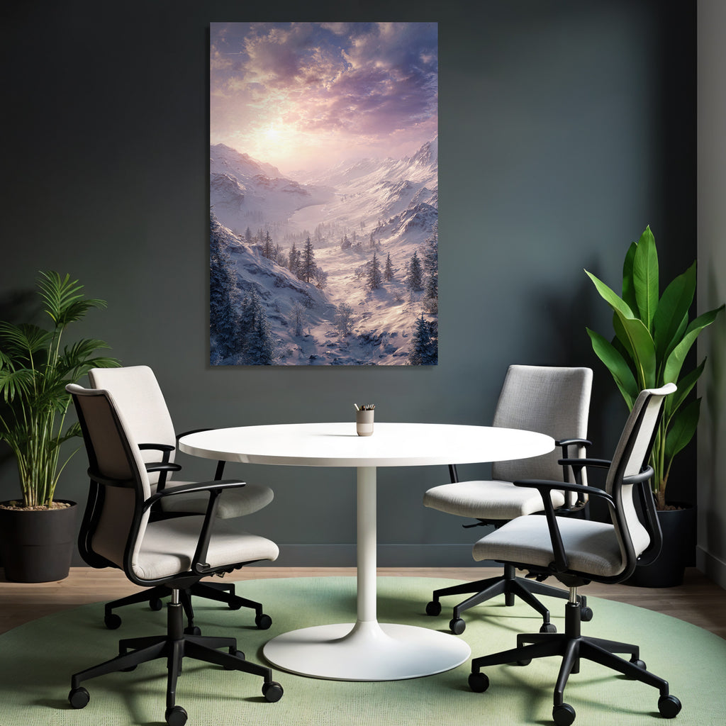 Landschaft Mit Bäumen Und Schnee Und See Bei Sonnenuntergang