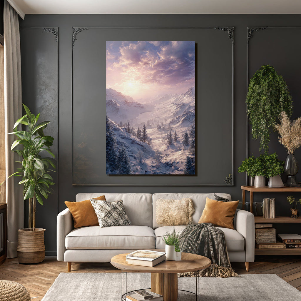 Landschaft Mit Bäumen Und Schnee Und See Bei Sonnenuntergang