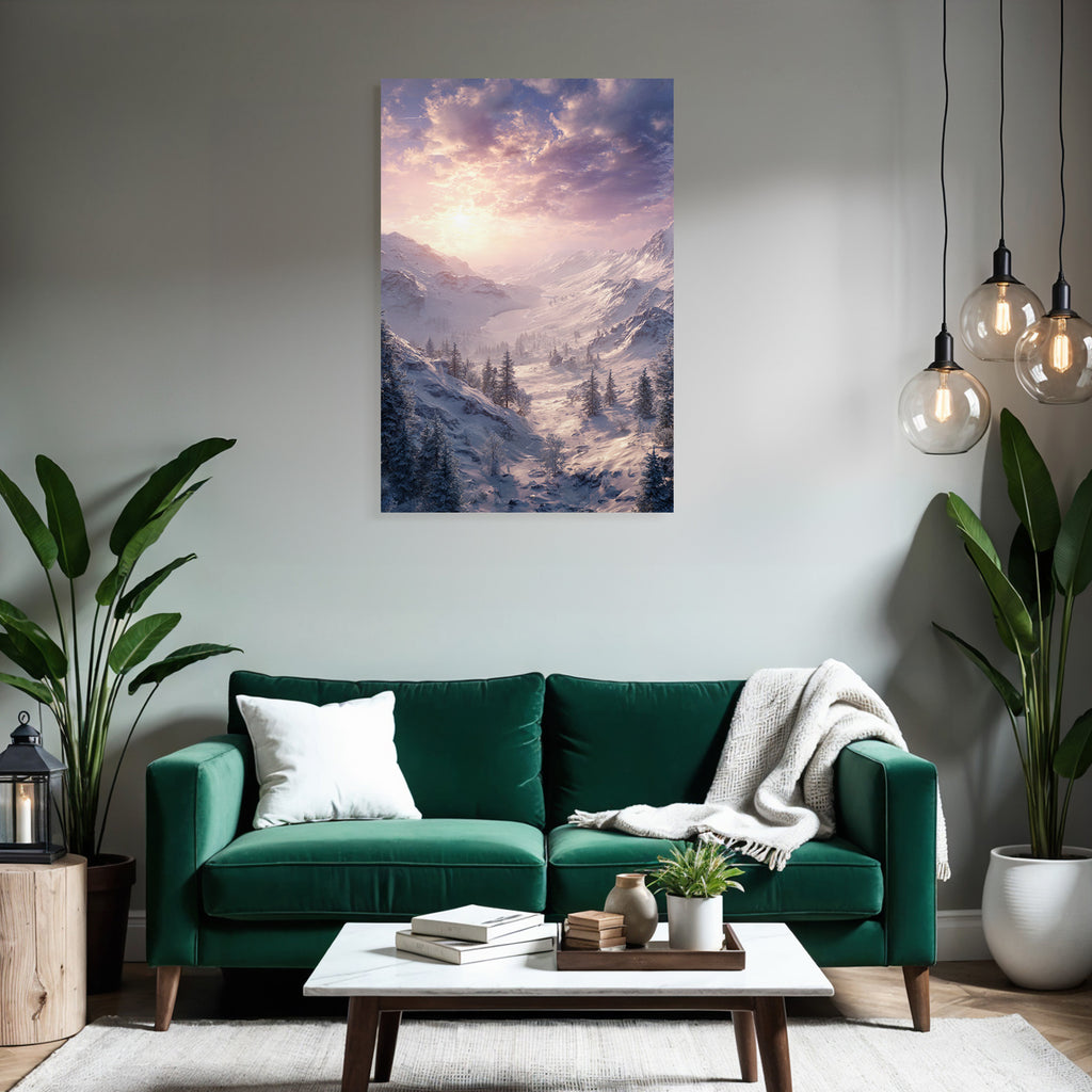 Landschaft Mit Bäumen Und Schnee Und See Bei Sonnenuntergang