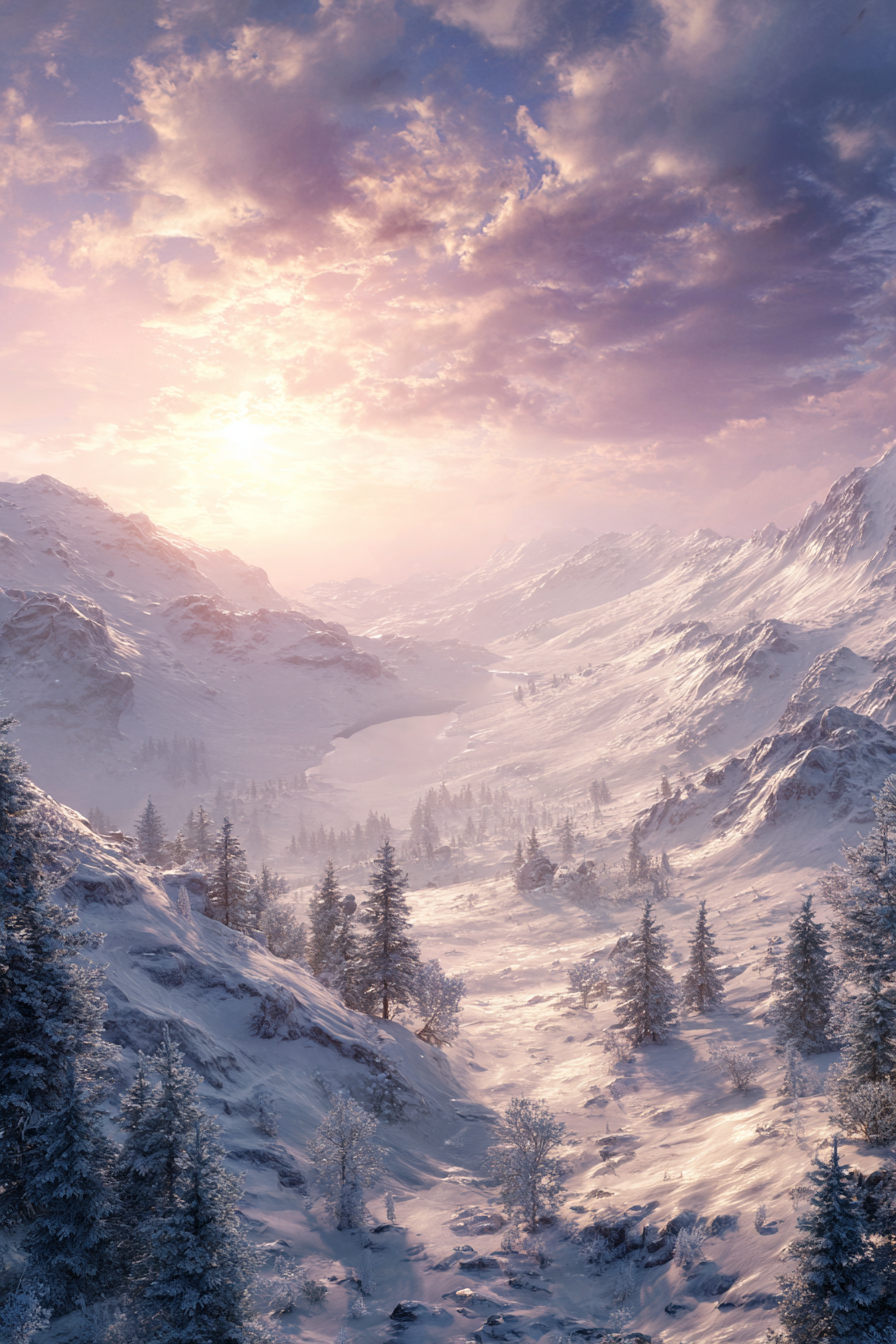 Landschaft Mit Bäumen Und Schnee Und See Bei Sonnenuntergang | Winter | Jahreszeiten