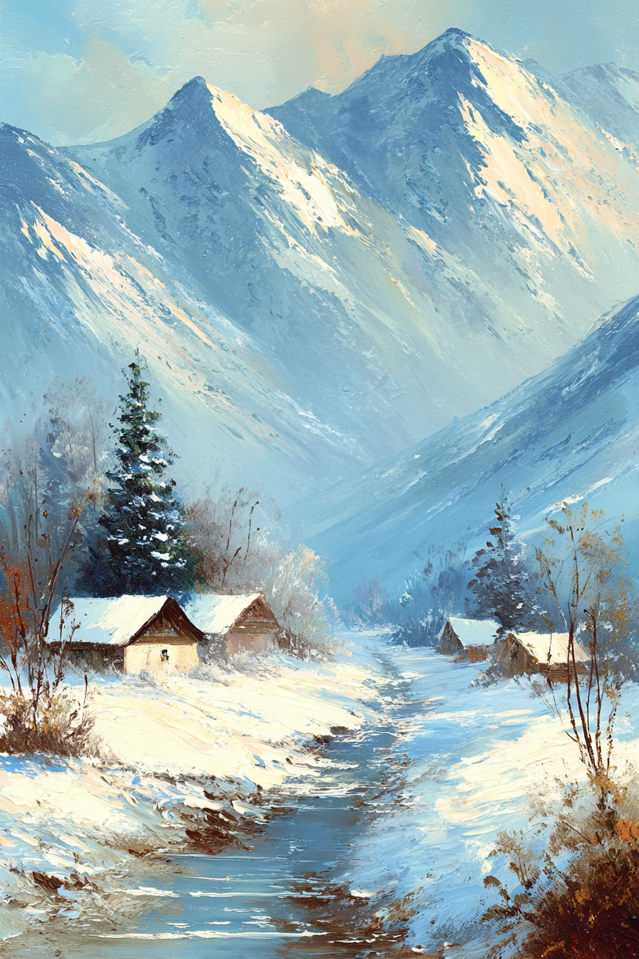 Landschaft Mit Fluss Und Häusern In Den Bergen | Winter | Jahreszeiten
