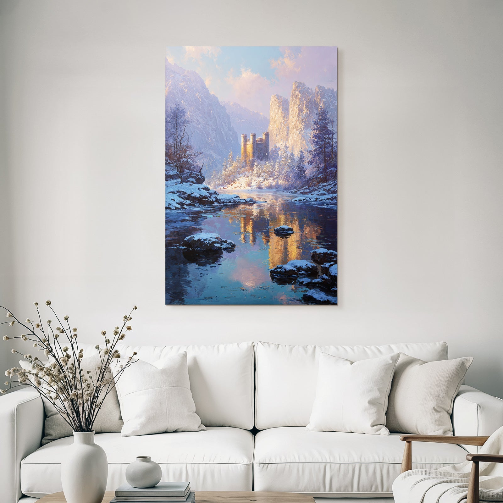 Landschaft Mit Schloss Und Bergen Reflexion Im Fluss