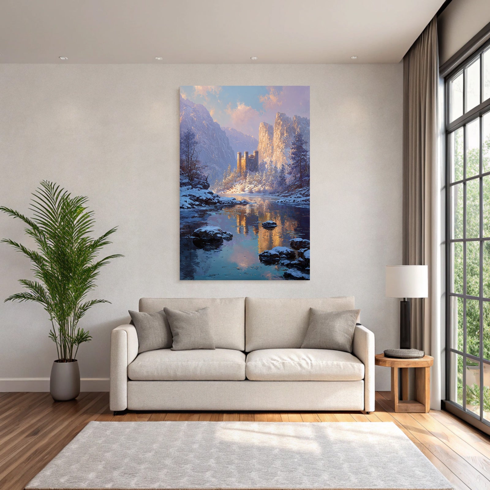Landschaft Mit Schloss Und Bergen Reflexion Im Fluss