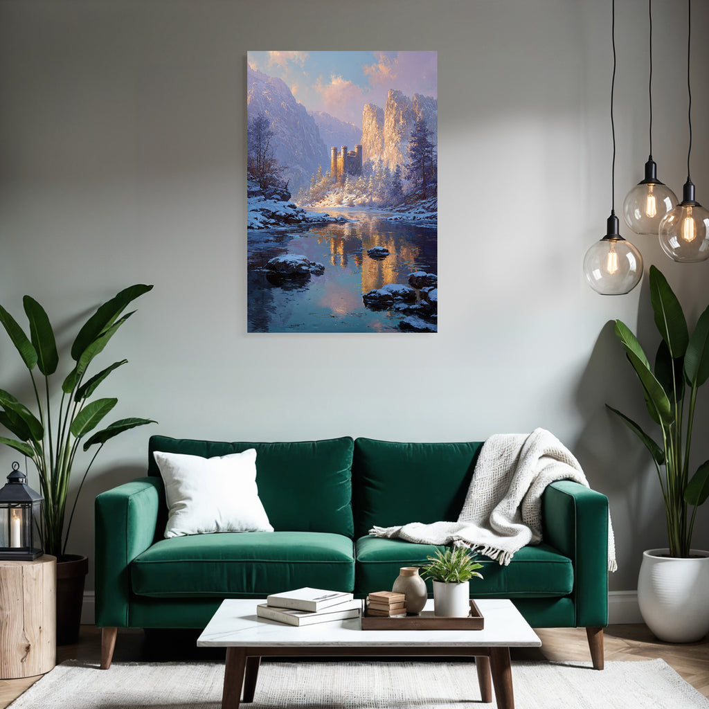 Landschaft Mit Schloss Und Bergen Reflexion Im Fluss