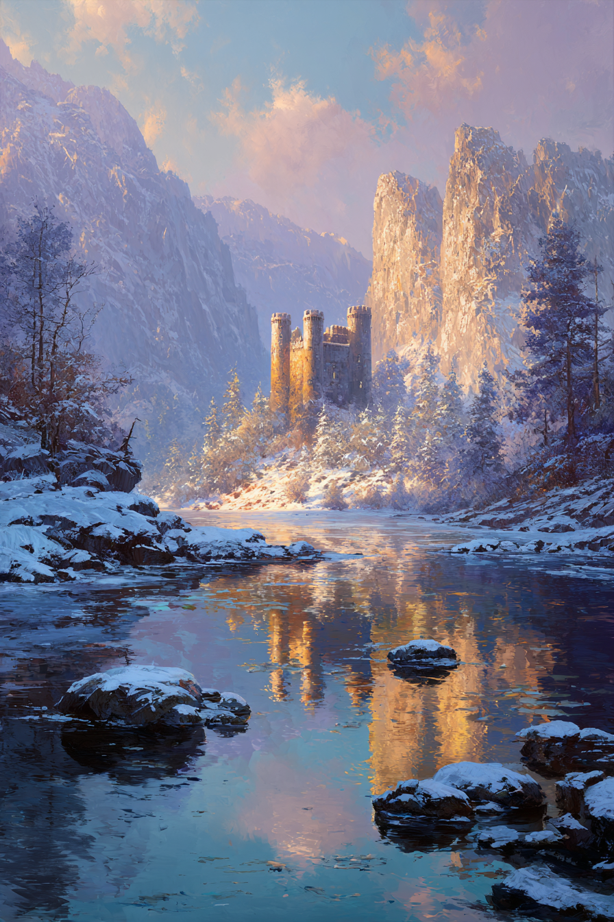 Landschaft Mit Schloss Und Bergen Reflexion Im Fluss | Winter | Jahreszeiten