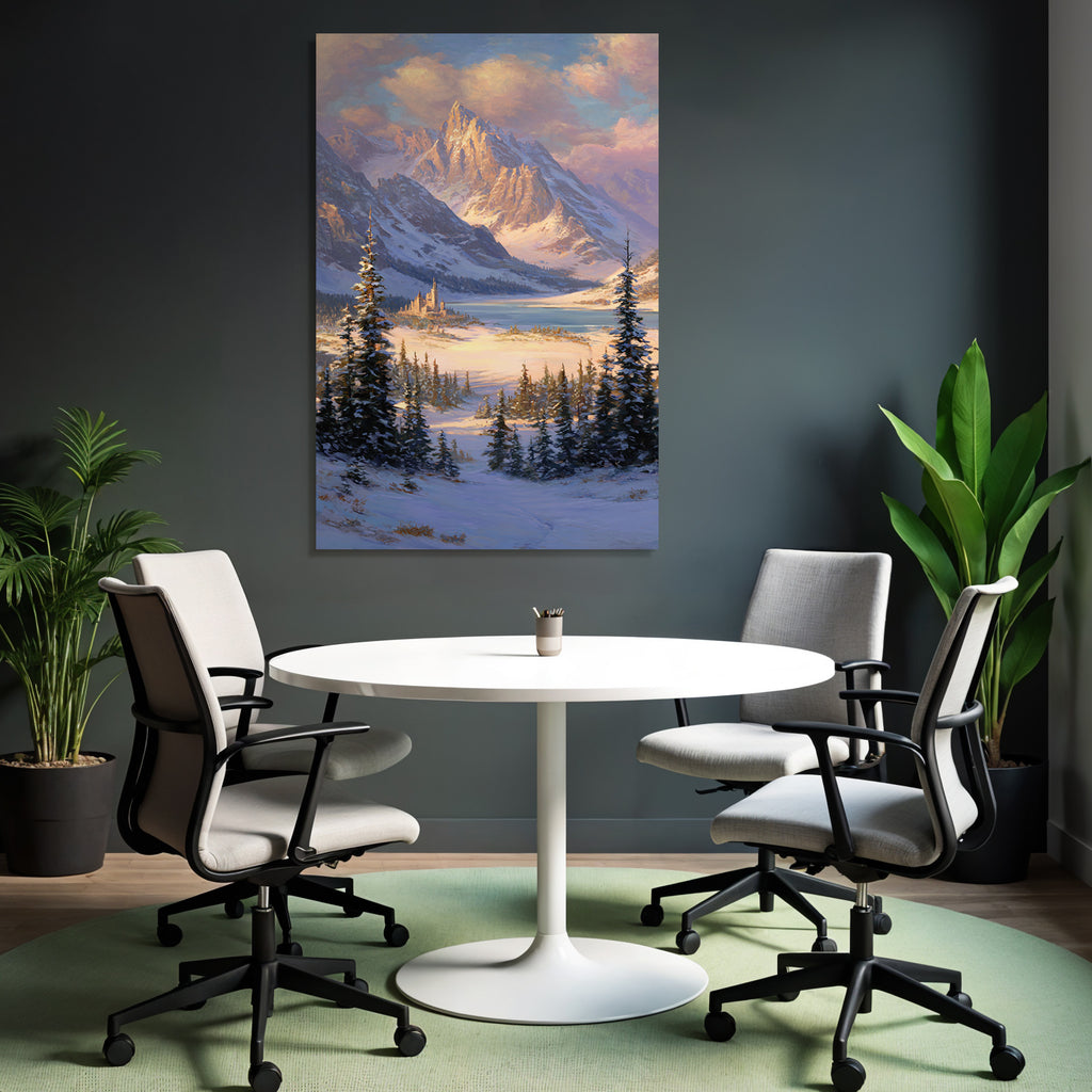 Landschaft Mit Schneebedeckten Bergen See Und Schloss