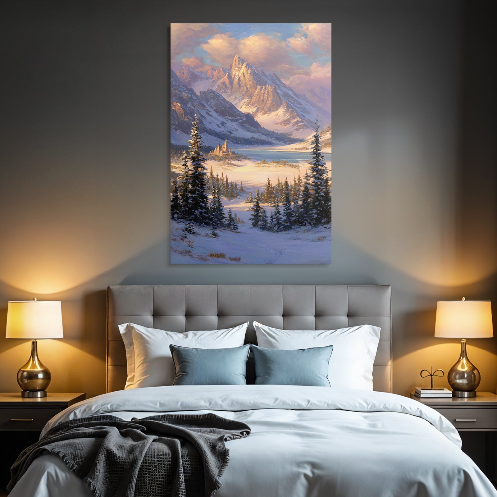 Landschaft Mit Schneebedeckten Bergen See Und Schloss