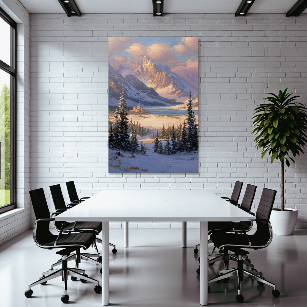 Landschaft Mit Schneebedeckten Bergen See Und Schloss