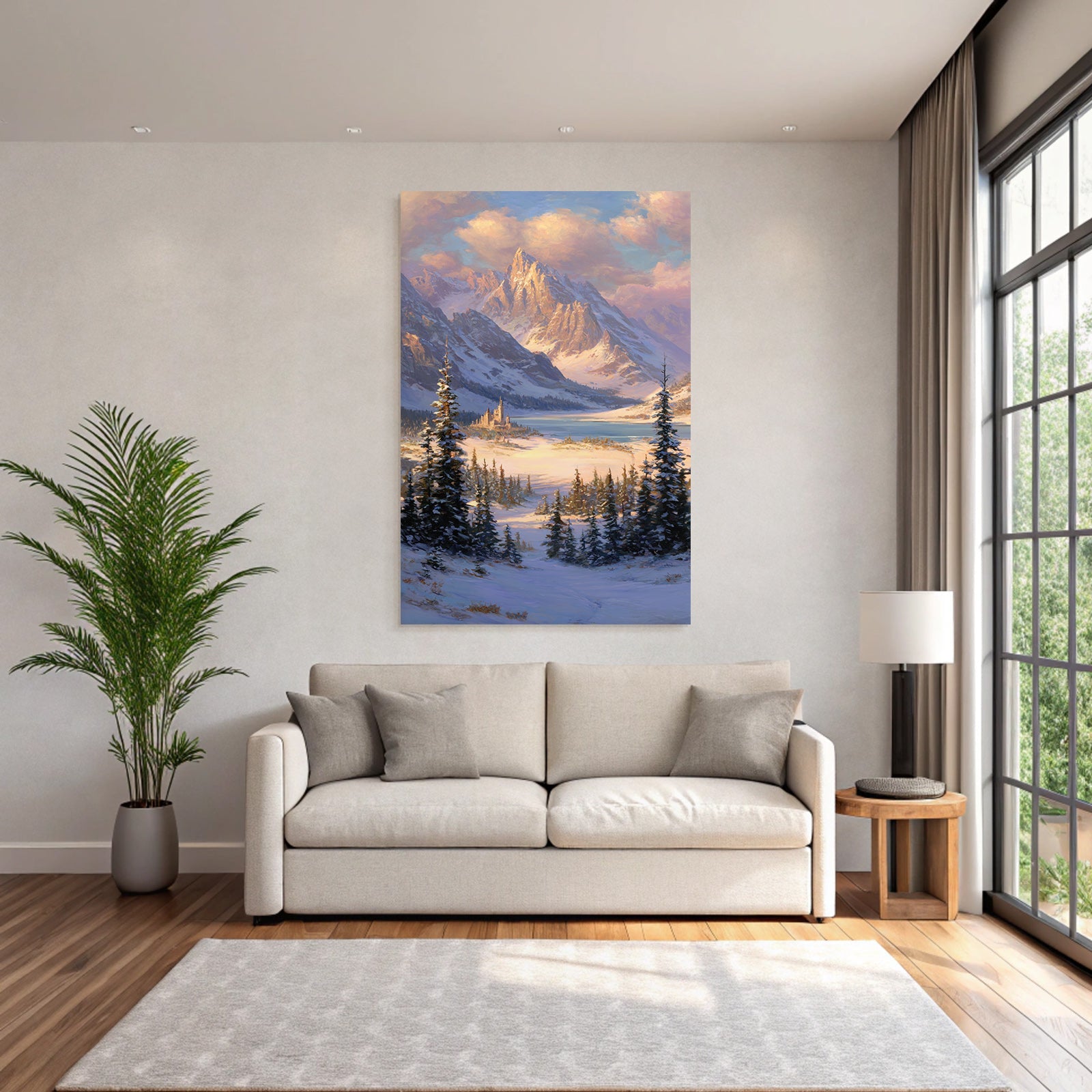 Landschaft Mit Schneebedeckten Bergen See Und Schloss