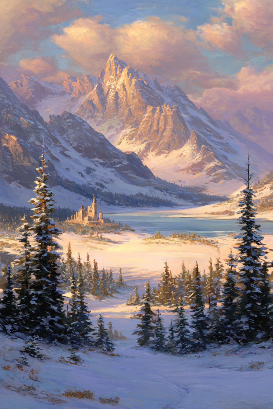 Landschaft Mit Schneebedeckten Bergen See Und Schloss | Winter | Jahreszeiten