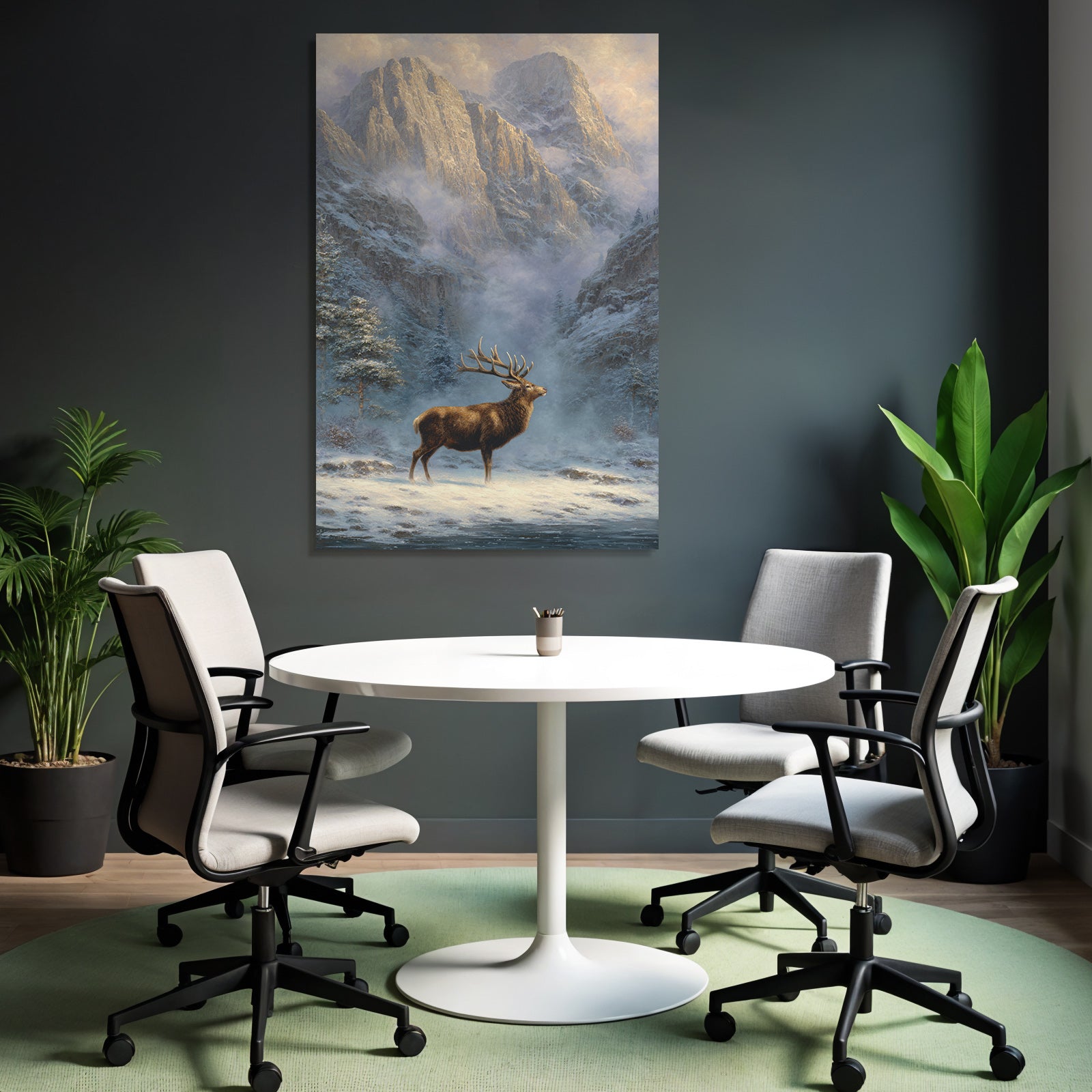 Landschaft Stag Schneebedeckte Berge Evergreens Morgendämmerung