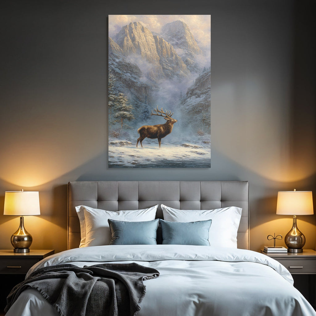 Landschaft Stag Schneebedeckte Berge Evergreens Morgendämmerung
