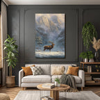 Landschaft Stag Schneebedeckte Berge Evergreens Morgendämmerung