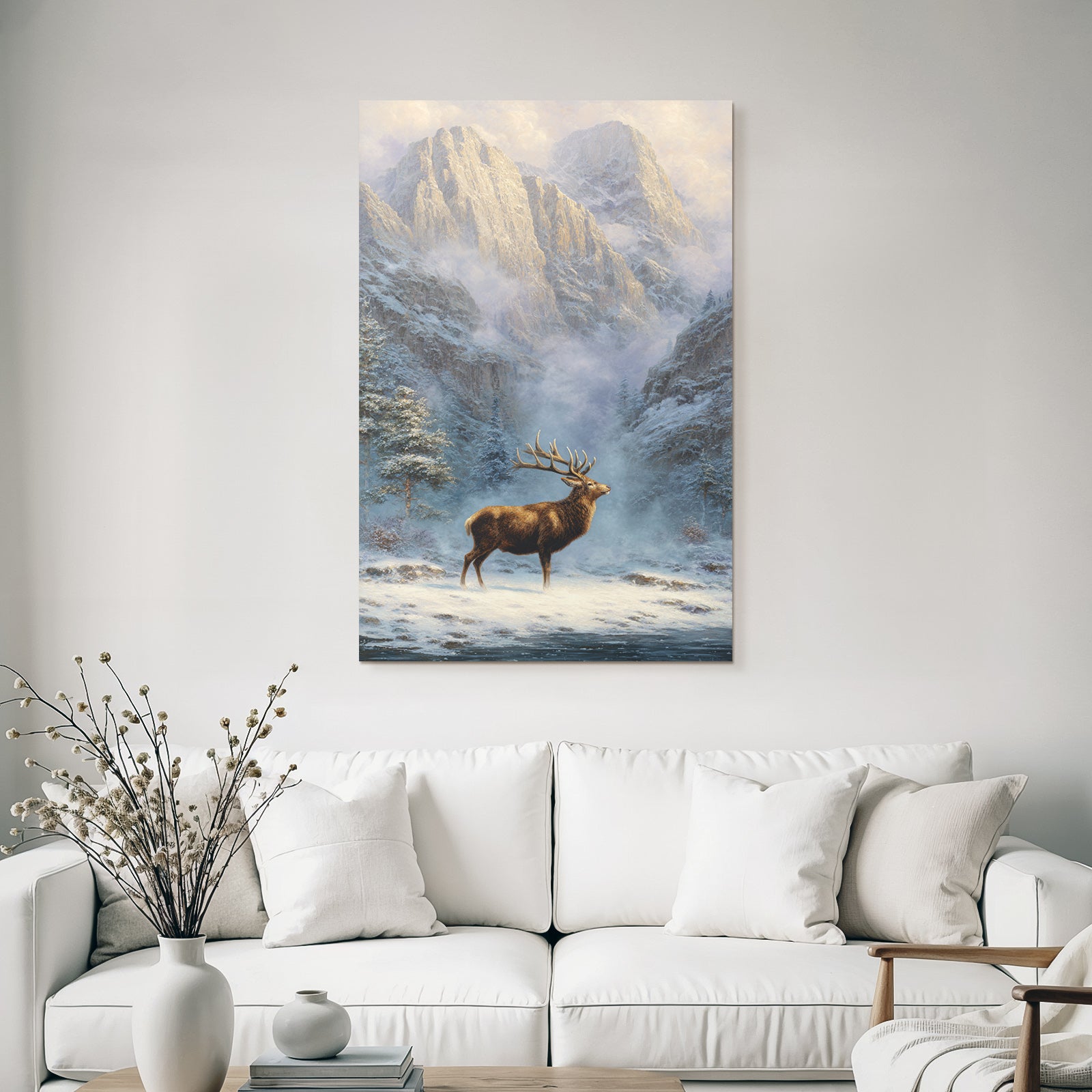 Landschaft Stag Schneebedeckte Berge Evergreens Morgendämmerung