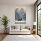 Landschaft Stag Schneebedeckte Berge Evergreens Morgendämmerung