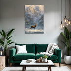 Landschaft Stag Schneebedeckte Berge Evergreens Morgendämmerung