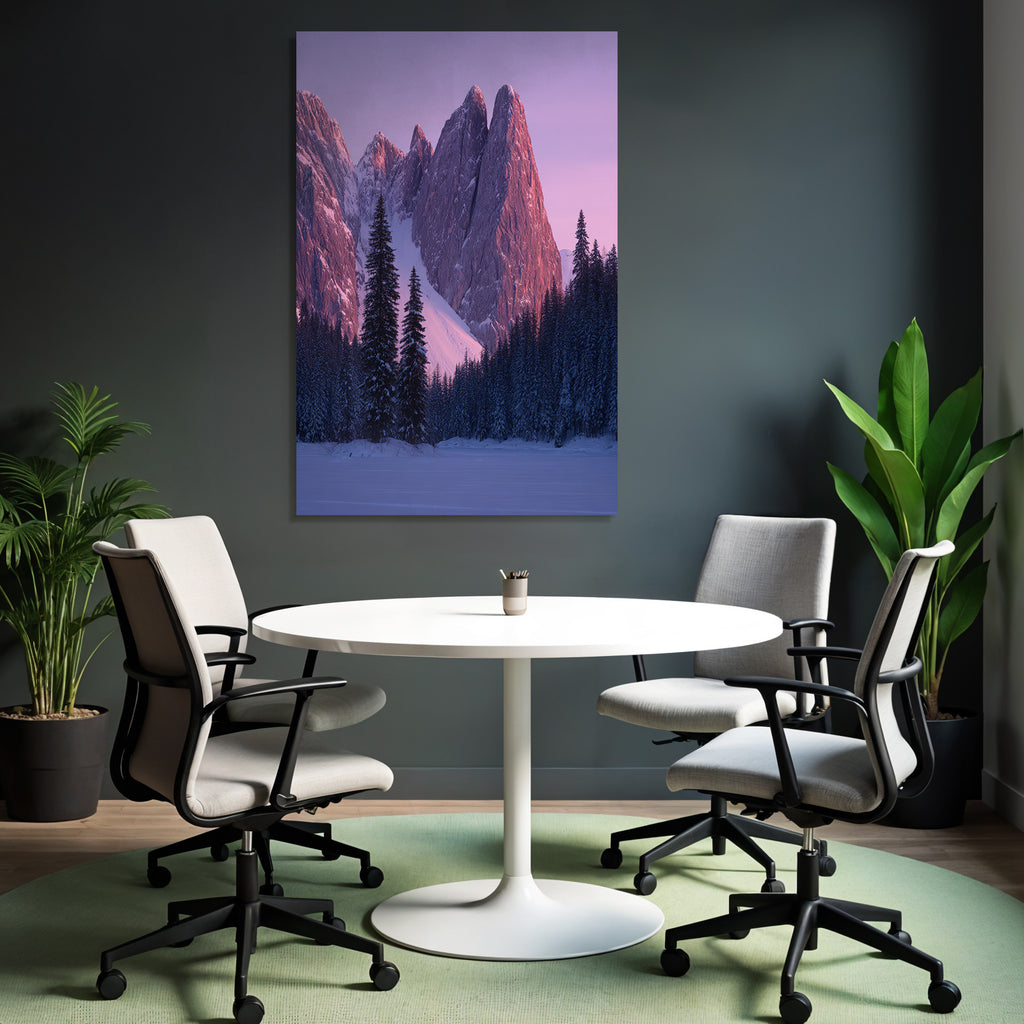 Ruhevolle Landschaft Mit Verschneiten Bergen Und Tannenbaum