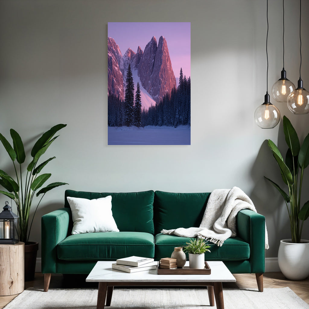 Ruhevolle Landschaft Mit Verschneiten Bergen Und Tannenbaum