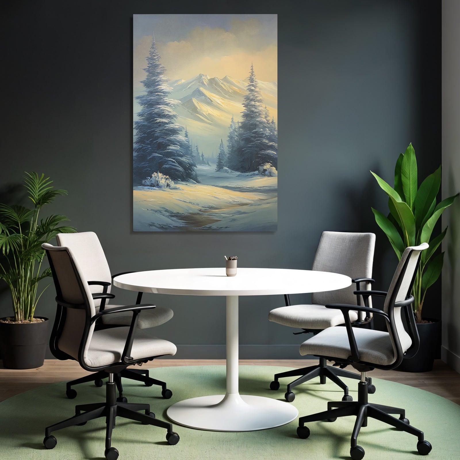 Ruhige Landschaft Schneebedeckte Berge Koniferen Trees Weichgoldenes Licht