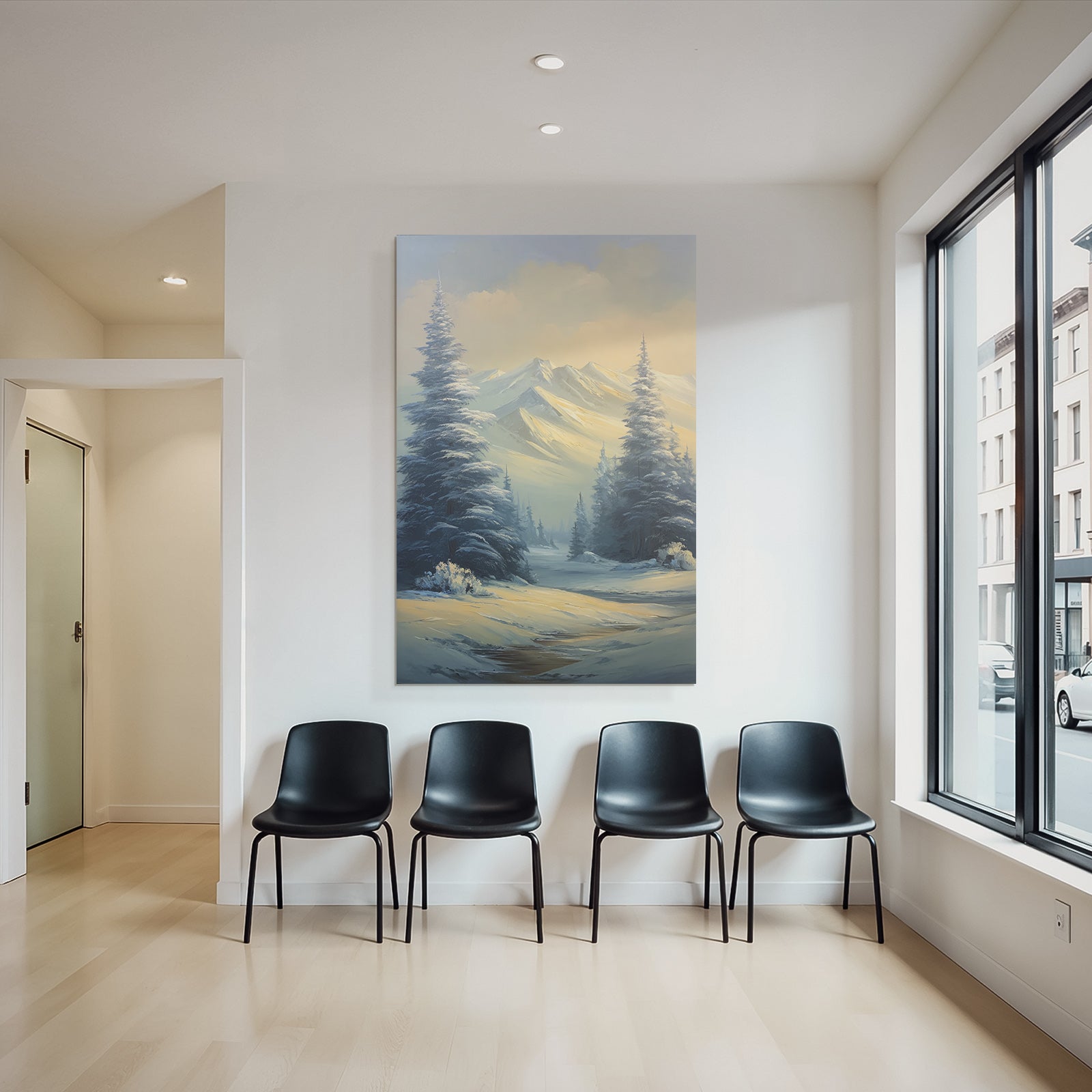 Ruhige Landschaft Schneebedeckte Berge Koniferen Trees Weichgoldenes Licht