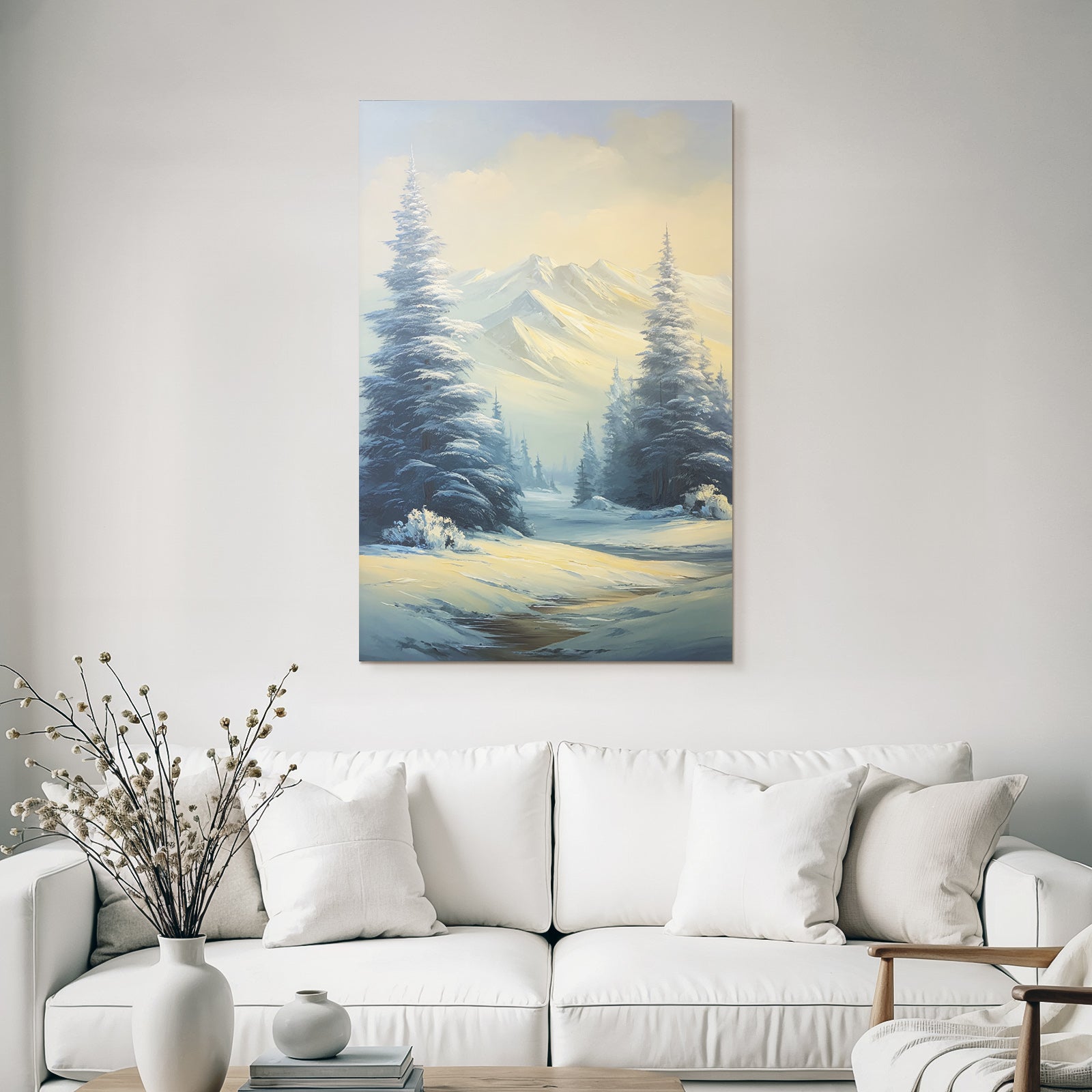 Ruhige Landschaft Schneebedeckte Berge Koniferen Trees Weichgoldenes Licht