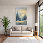 Ruhige Landschaft Schneebedeckte Berge Koniferen Trees Weichgoldenes Licht