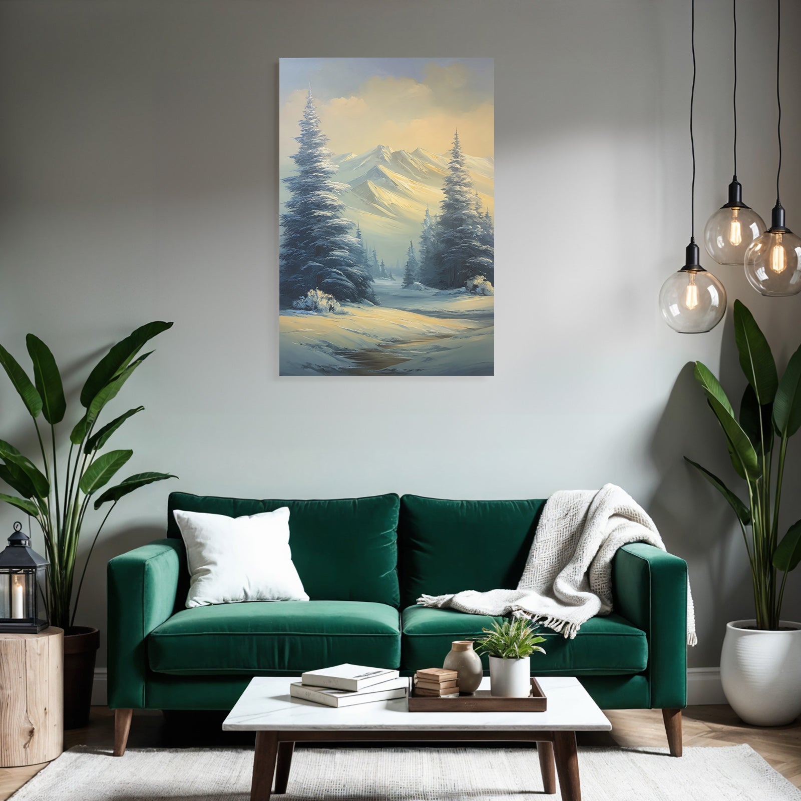 Ruhige Landschaft Schneebedeckte Berge Koniferen Trees Weichgoldenes Licht