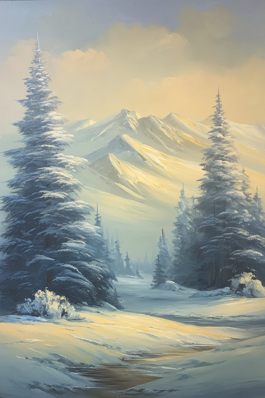 Ruhige Landschaft Schneebedeckte Berge Koniferen Trees Weichgoldenes Licht | Winter | Jahreszeiten
