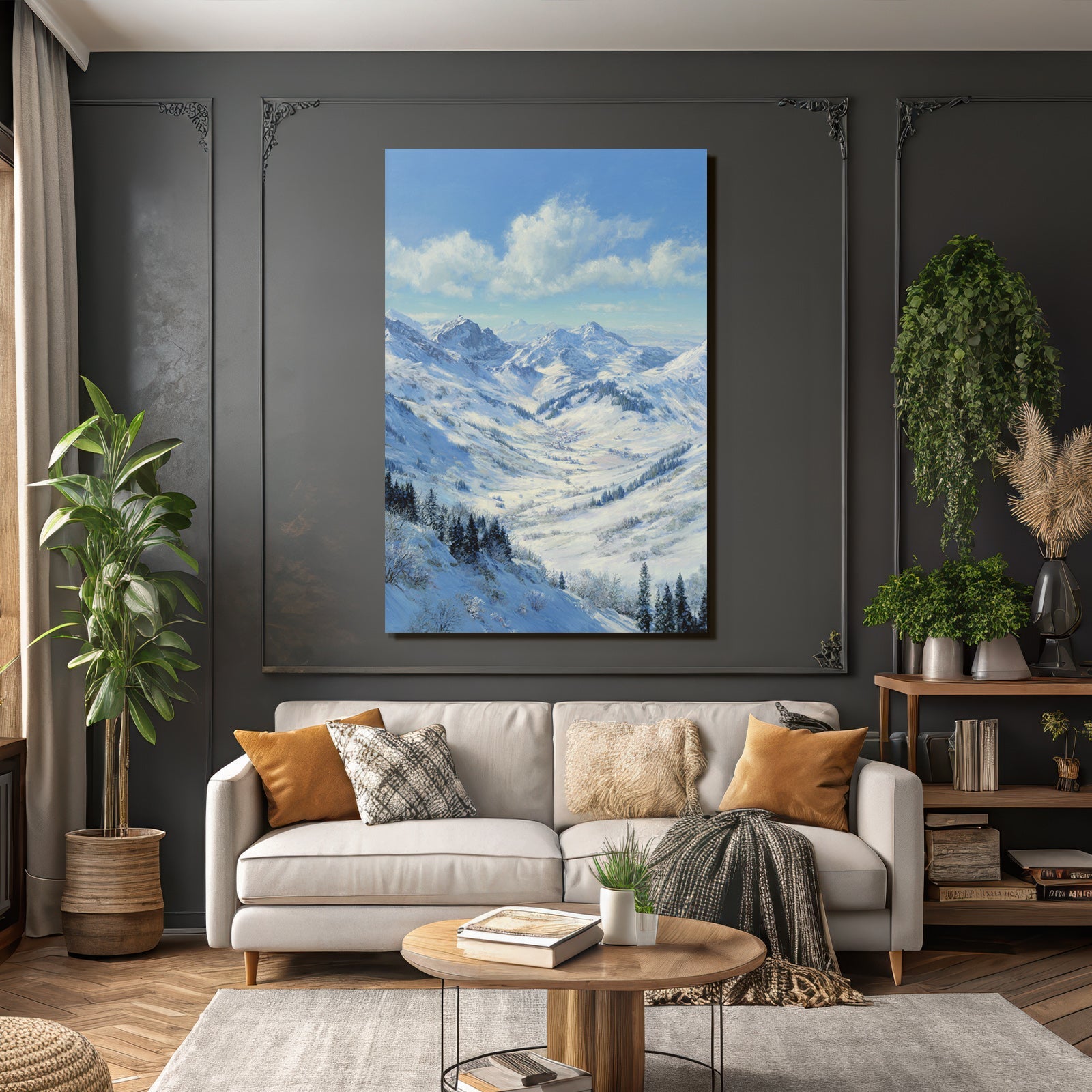 Schneebedeckte Berge Und Evergreen Bäume Unter Blaüm Himmel
