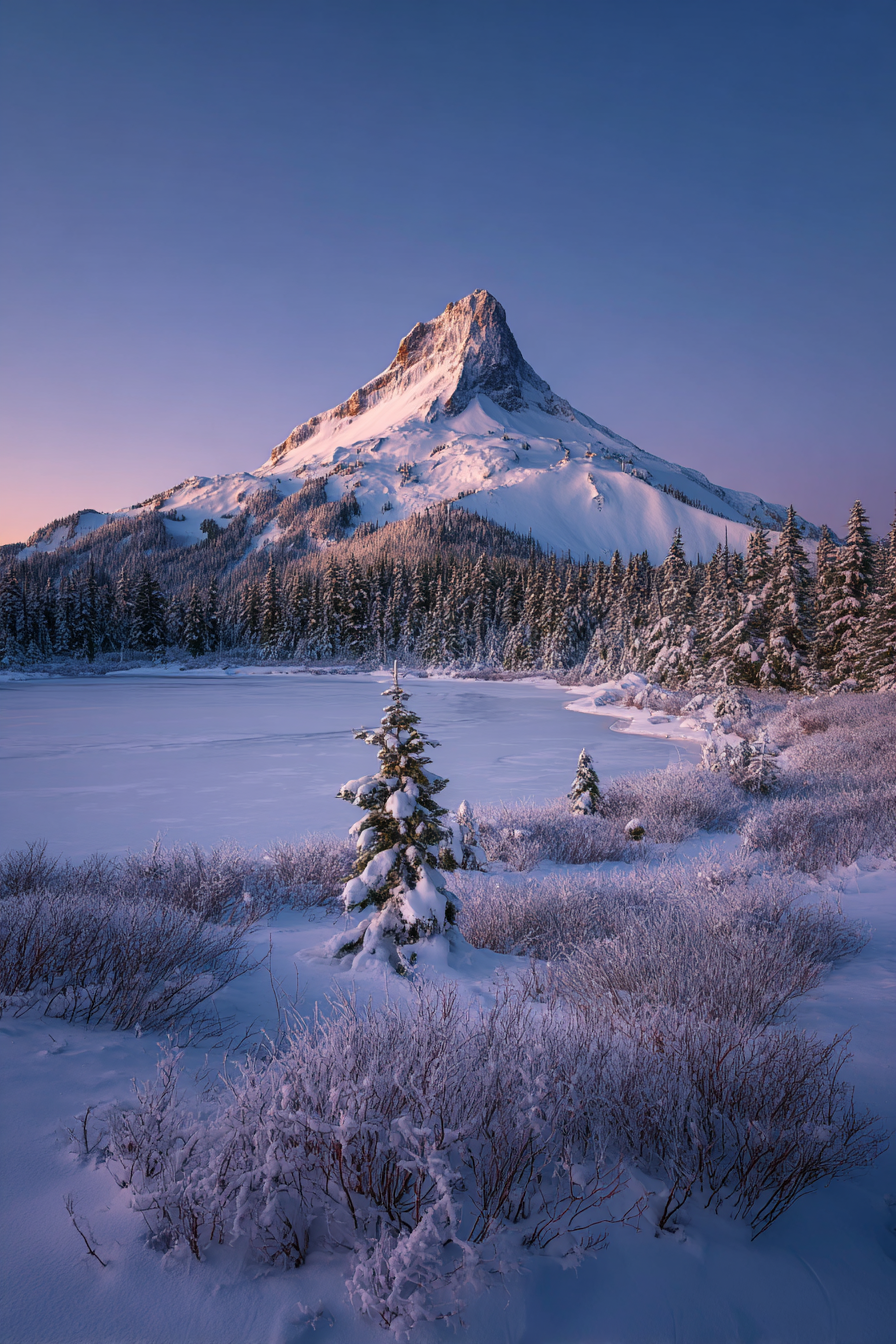 Schneebedeckte Berglandschaft Mit Eingefrorenem See Und Evergreen Bäumen | Winter | Jahreszeiten