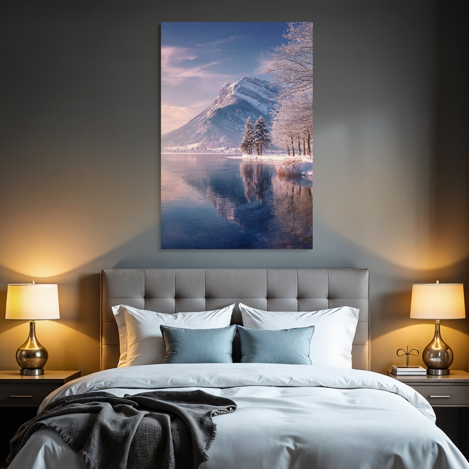 Schneebedeckte Landschaft Mit Bergen Und See