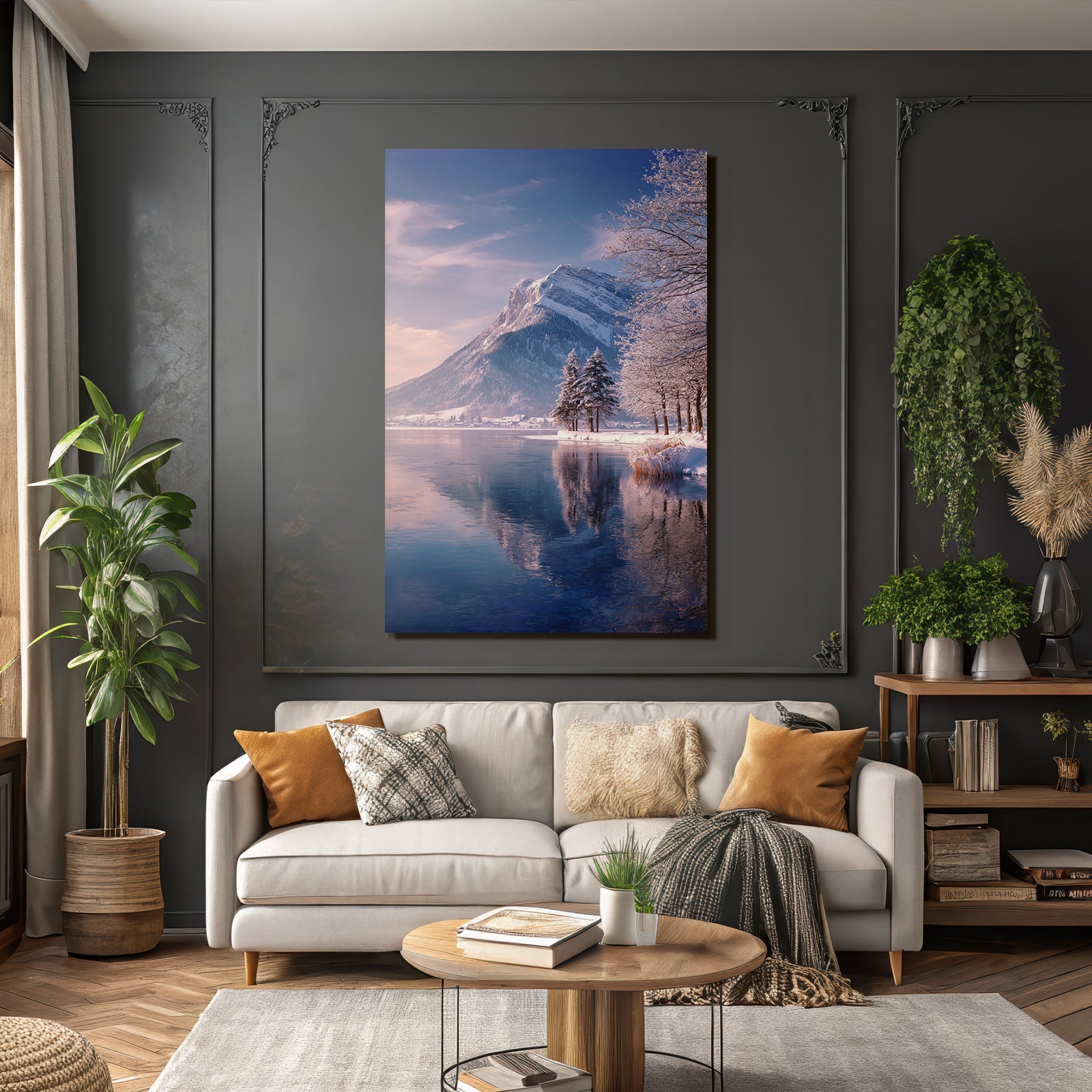 Schneebedeckte Landschaft Mit Bergen Und See