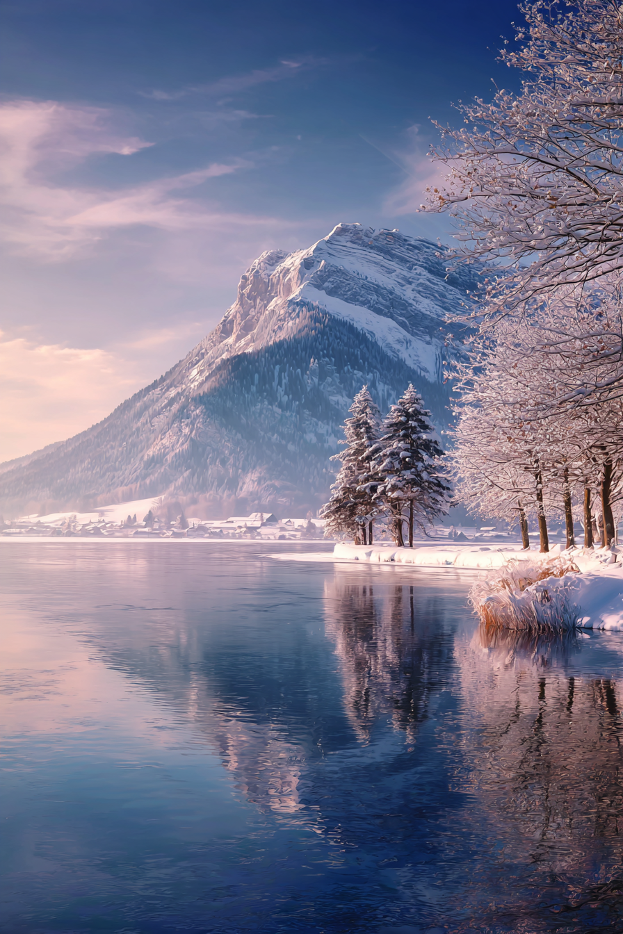 Schneebedeckte Landschaft Mit Bergen Und See | Winter | Jahreszeiten