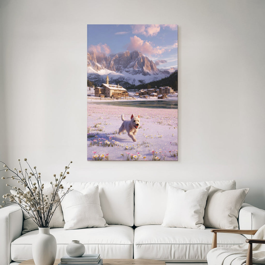 Szenen Mit Bunten Blumen Und Einem Hund In Schnee Und Dorf Hintergrund