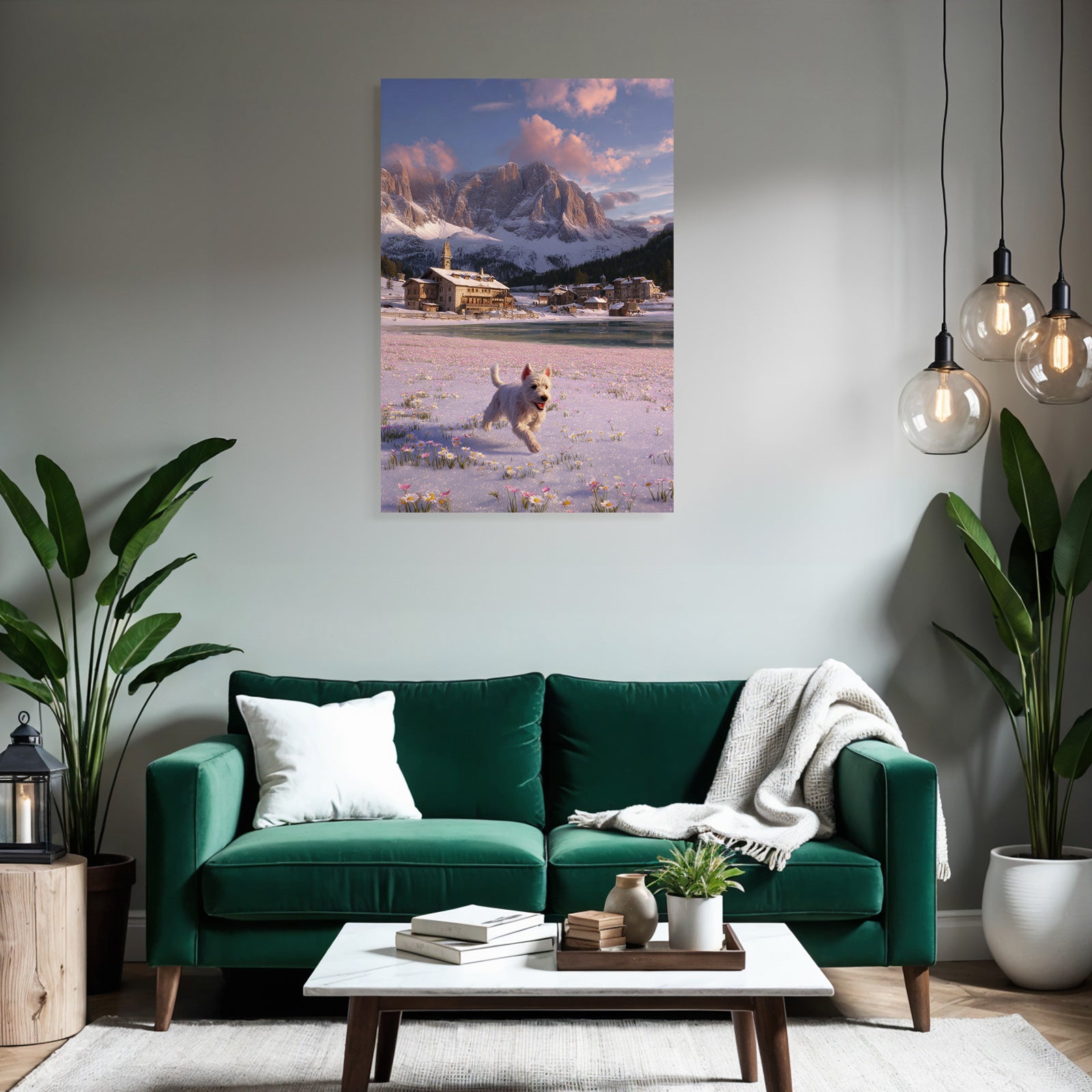 Szenen Mit Bunten Blumen Und Einem Hund In Schnee Und Dorf Hintergrund