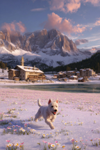 Szenen Mit Bunten Blumen Und Einem Hund In Schnee Und Dorf Hintergrund | Winter | Jahreszeiten