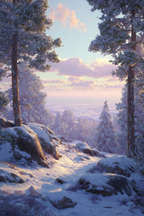 Szenen Mit Schneebedeckten Bäumen Felsen Und Pastellfarbenem Himmel | Winter | Jahreszeiten