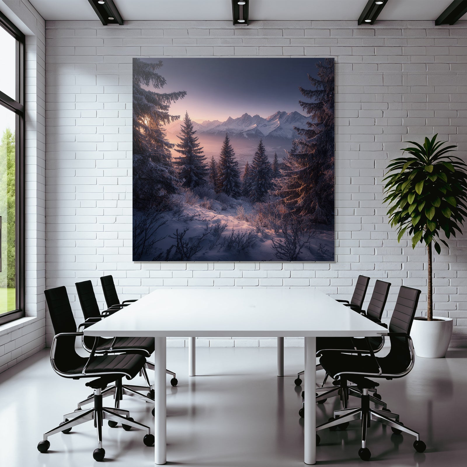 Friedliche Landschaft Schneebedeckte Berge Tannbäume Sonnenaufgang Oder Sonnenuntergang