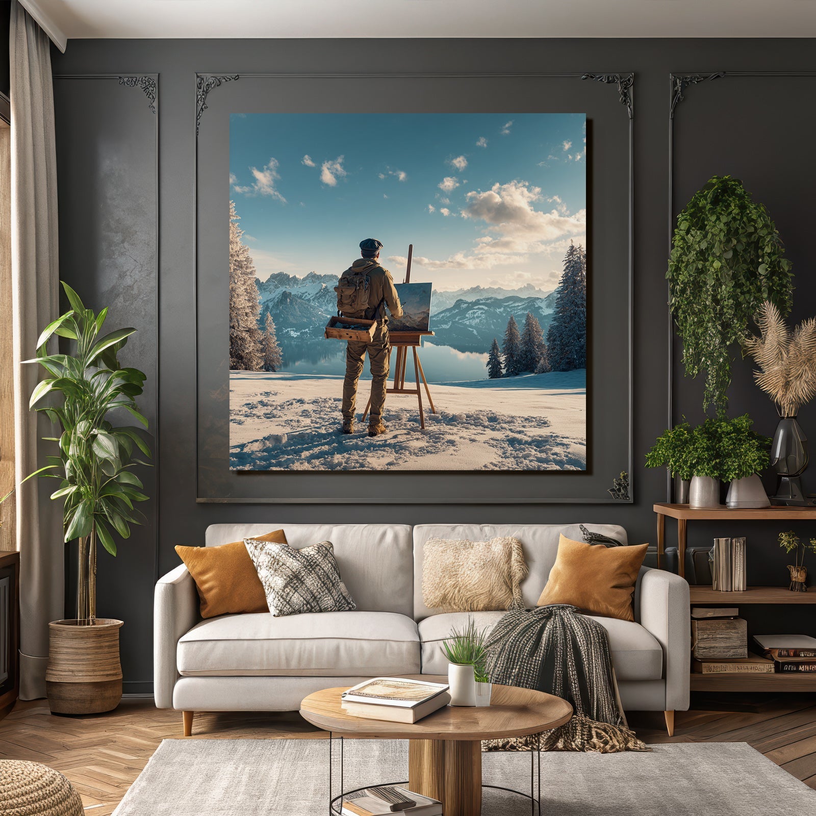 Künstler Im Schneelandschaft Malend Vor Bergen Und See