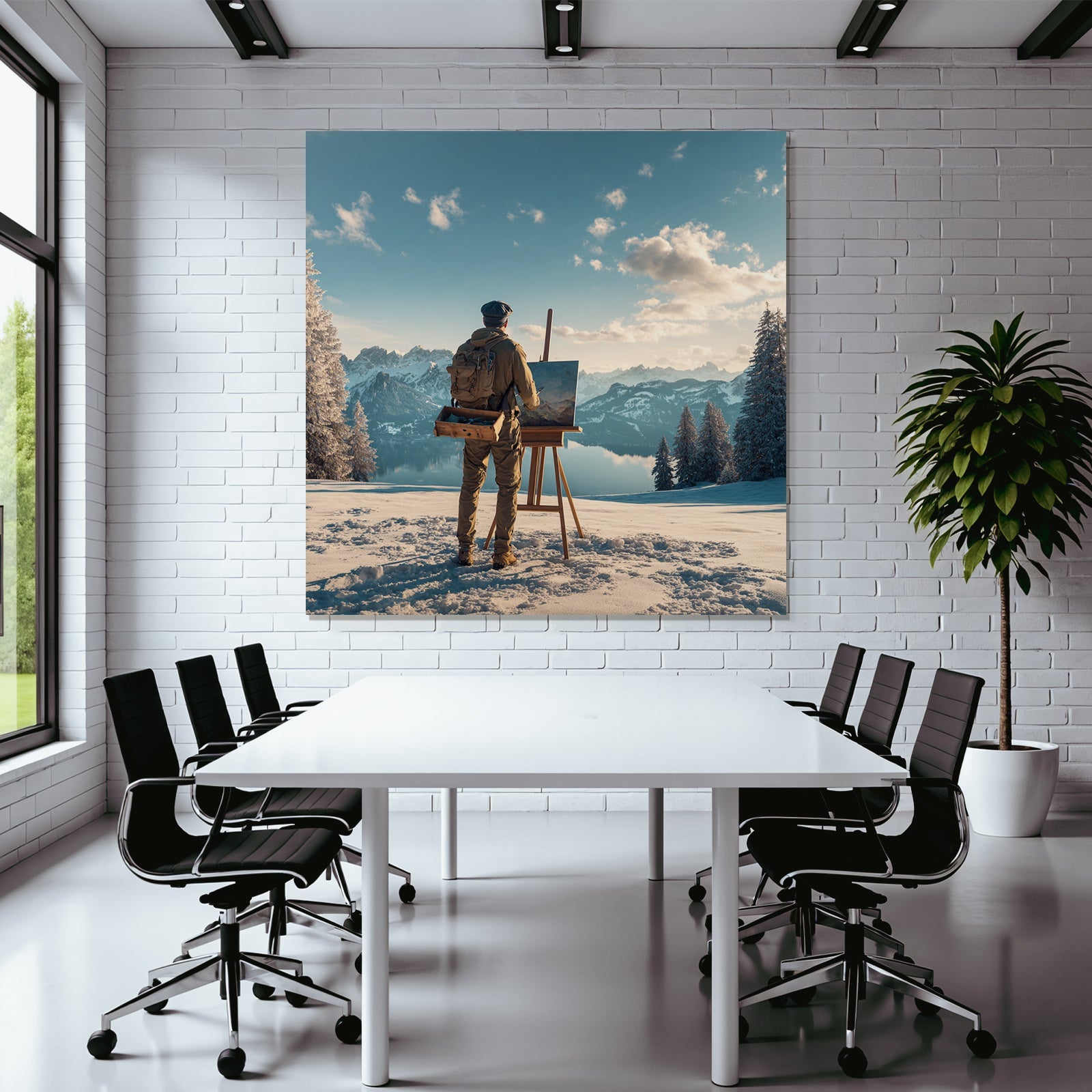 Künstler Im Schneelandschaft Malend Vor Bergen Und See