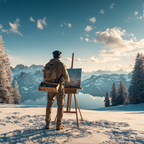 Künstler Im Schneelandschaft Malend Vor Bergen Und See | Winter | Jahreszeiten