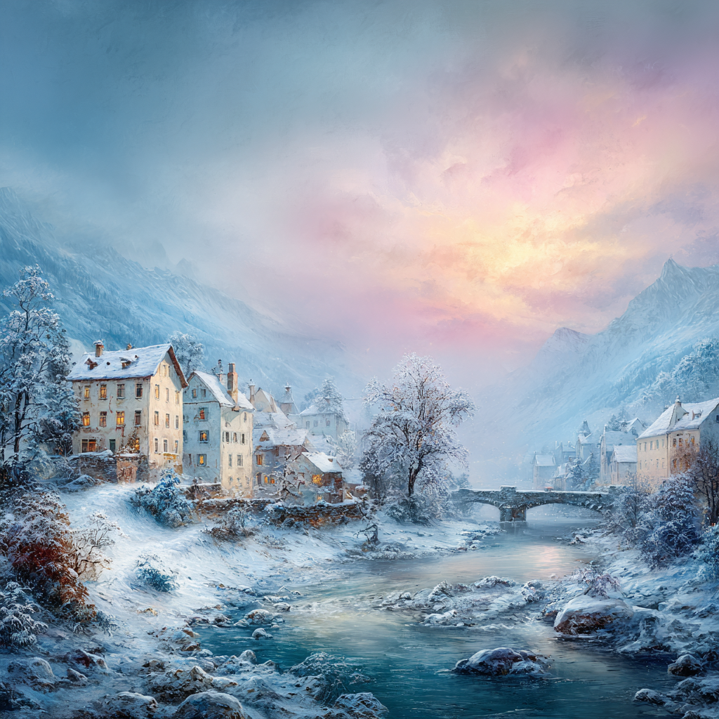 Landschaft Häuser Fluss Berge Dämmerung Tranquillität | Winter | Jahreszeiten