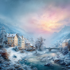 Landschaft Häuser Fluss Berge Dämmerung Tranquillität | Winter | Jahreszeiten