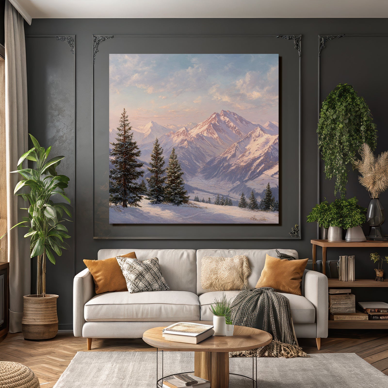 Landschaft Mit Schneebedeckten Bergen Und Tannenbäumen