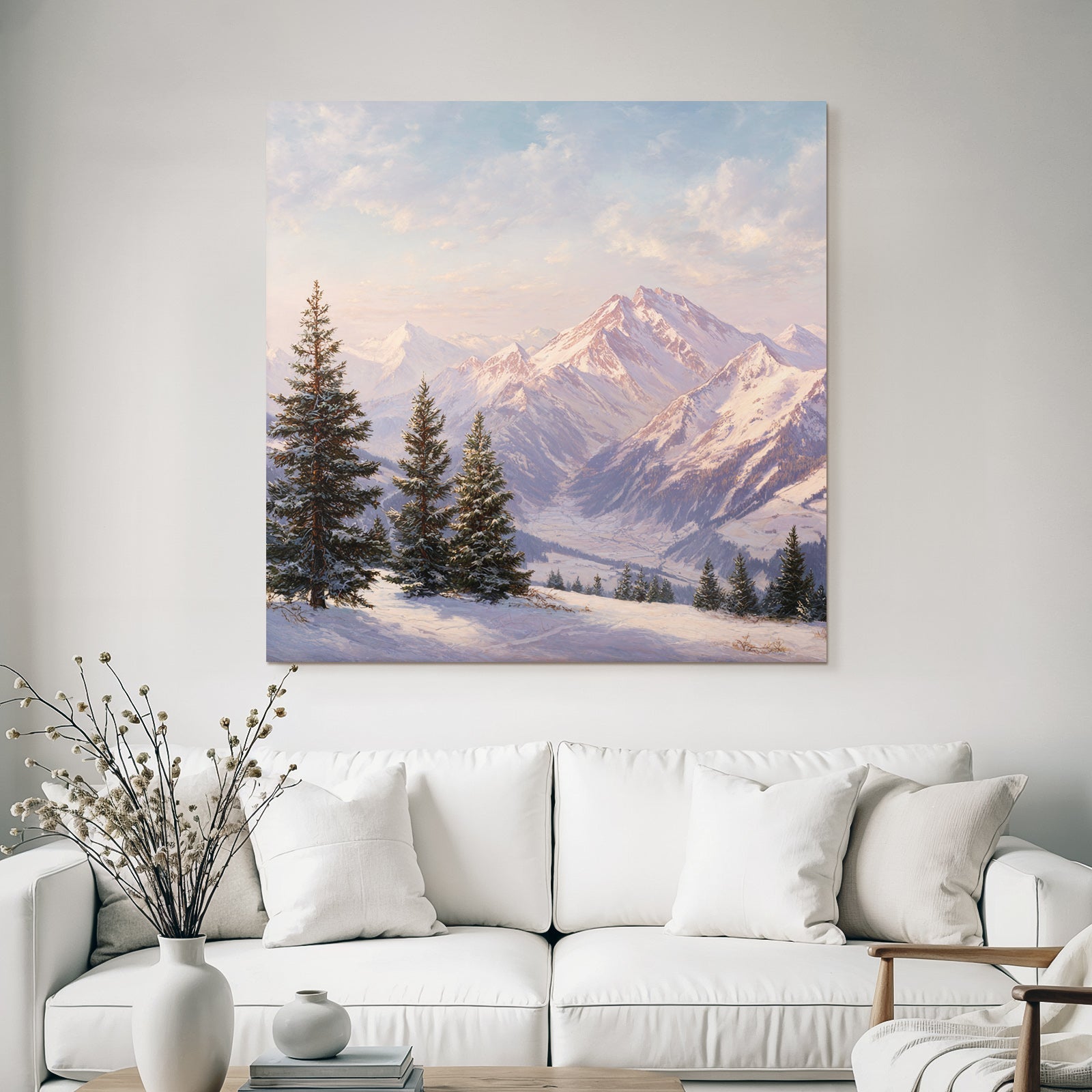 Landschaft Mit Schneebedeckten Bergen Und Tannenbäumen