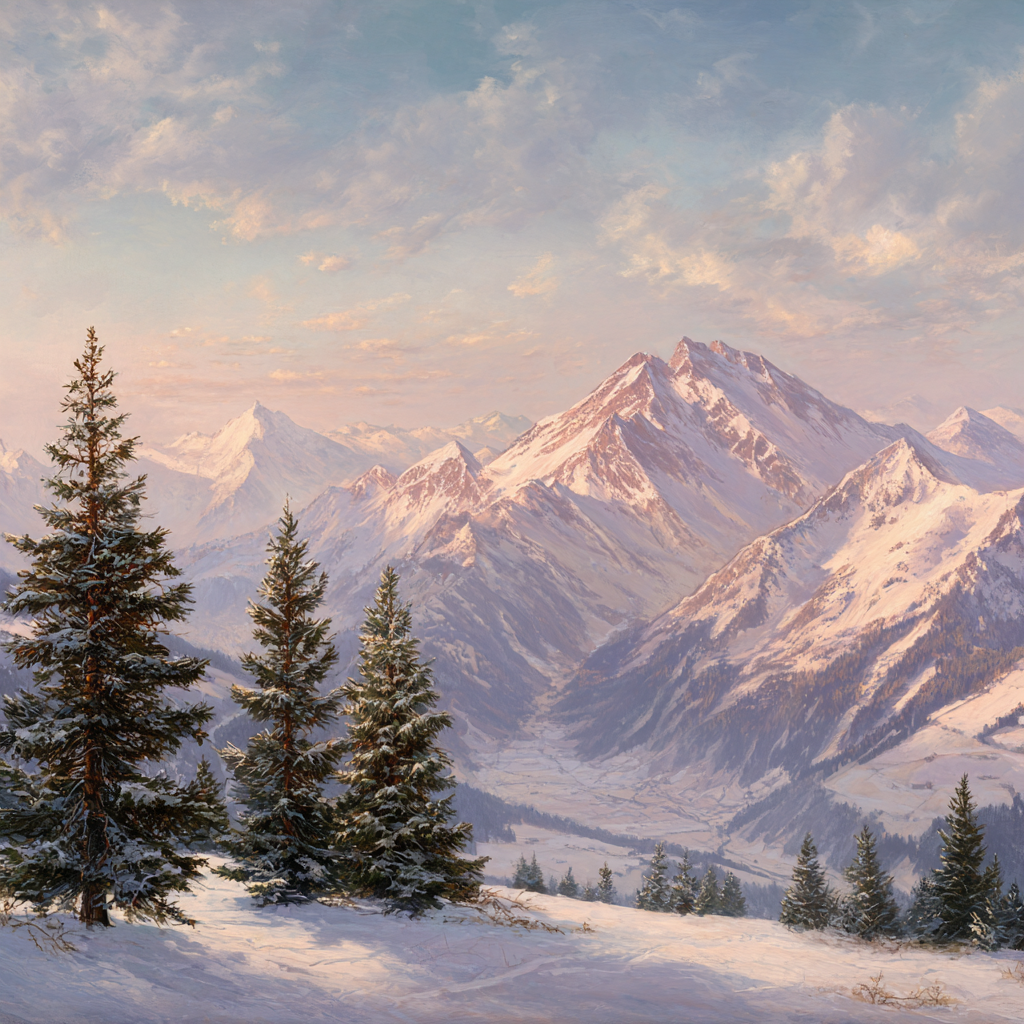 Landschaft Mit Schneebedeckten Bergen Und Tannenbäumen | Winter | Jahreszeiten